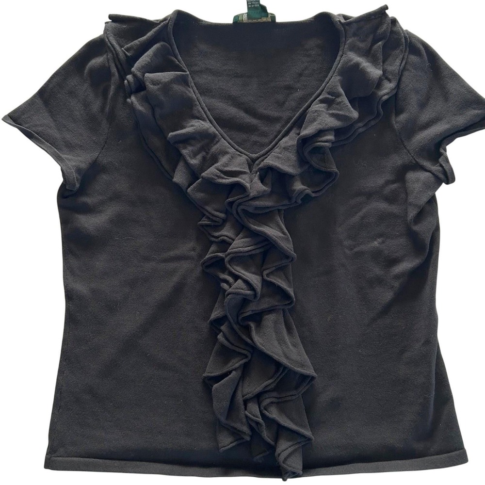 Lauren Ralph Lauren Womens Knit Top L Black Ruffle V-Neck Romantic Office Siren